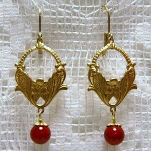 Handmade Red Jade & Brass Floral Dangle Earrings